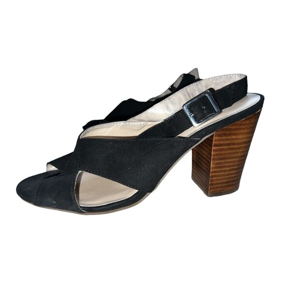 Nine West Alba Open Toe Slingback Shoes Sz 9.5 Womens Black 3.25" Chunky Wooden - Picture 1 of 11